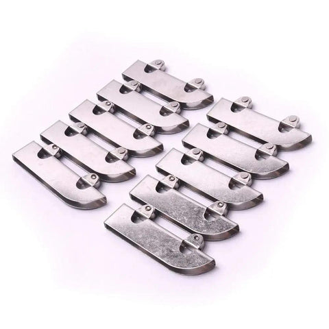 Rock Solid Stainless Steel Window Roller With Double Wheel Slider Tough As Nails Design For Glass Cabinet Doors Smooth Glide Action Premium Clamp Hardware One Pack set of stainless steel window rollers arranged on a white background.
