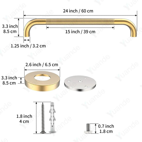 4 Pack 24 Inch Shower Grab Bar Brushed Gold 304 Stainless Steel Heavy Duty Rock Solid Bath Bar 500lb Capacity dimensions and components.