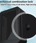 Close-up of mechanical combination lock on Wall Mount EV Charger Protector Box Waterproof Security Enclosure With Combo Lock Black Shell.