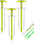 Six Piece Mini Seed Dispenser Kit With Two Transplanting Tools And Seed Planter in fluorescent yellow, featuring dispensers and tools.