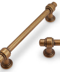 10 Pack Antique Brass Cabinet Pulls With 5 Inch Spacing Hella Tough Zinc Alloy Vintage Drawer Handles For Kitchen Cabinets And Bathroom Vanities Offering Top Shelf Aged Gold Finish - close-up of two handles.