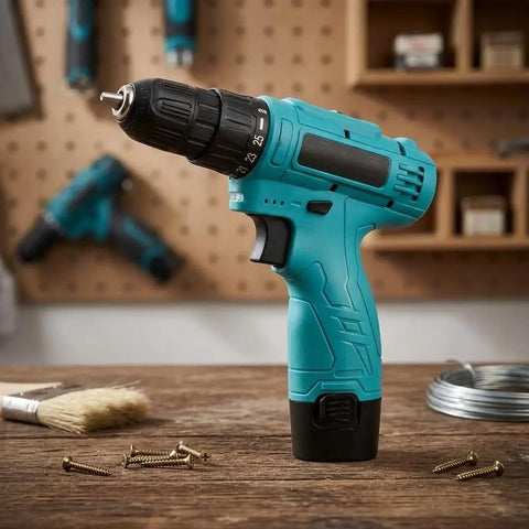 Built Tough 12V Cordless Drill With 25 Plus 1 Torque Settings And Dual Speed Modes displayed on a workbench with screws.