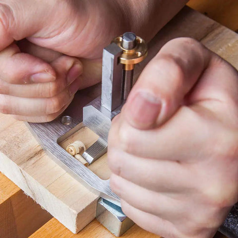 User operating Router Plane Hand Tool With Depth Stop And Base Holes Pro Grade 8mm Blade on wood surface for precise planing.