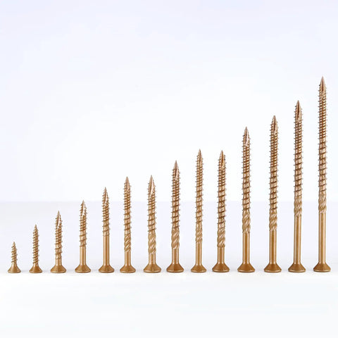Freakin Strong Size 6 X 1 Inch Deck Screws 300 Piece Set with various sizes of brown Torx drive screws displayed for outdoor decking.