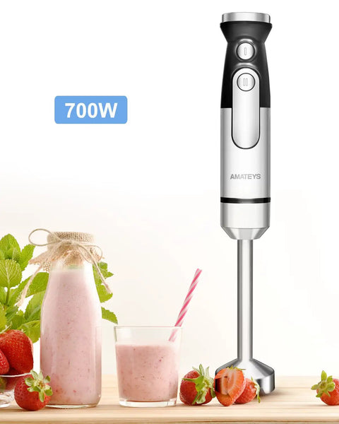 Powerful Handheld Immersion Blender 700W With Infinite Variable Speeds All In One Stainless Steel Stick Mixer next to smoothies