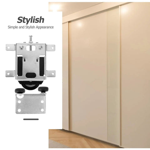 Heavy-Duty Stainless Steel Sliding Door Roller Kit With Double Bearings showing a pulley and sliding doors in a stylish finish.