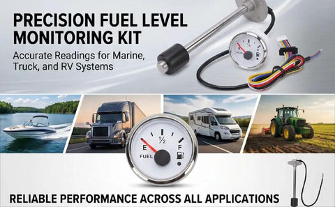 Eight Inch Stainless Steel Fuel And Water Level Gauge Kit With Multi Color Backlight showcasing gauge and sensor components for marine and RV use.