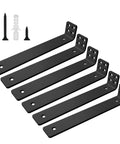Heavy Duty 10 Inch Shelf Brackets 6 Pack Black Metal L Brackets For Wall Mount With Seamless Support For Living Room Kitchen And Flat Out Durable For Any Space You Got, showing six black metal L brackets with screws.