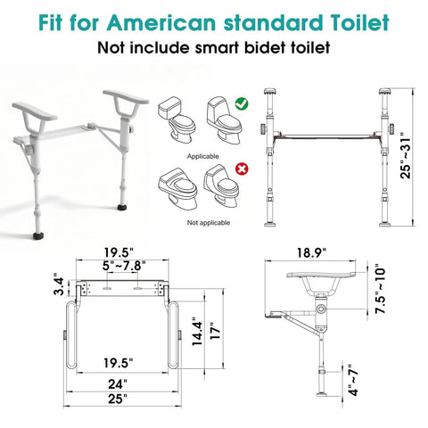 Rock Solid Foldable Toilet Safety Rail For Seniors Crafted From Heavy Duty Aluminum Reinforced With Tough As Nails Carbon Frame Holding Five Hundred Pounds Smooth Bathroom Assist dimensions and fit chart for standard toilets.