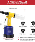 Heavy Duty Pneumatic Rivet Gun With Four Swappable Nozzles For Aluminum Steel Iron Fasteners, showing nozzles and tool dimensions.
