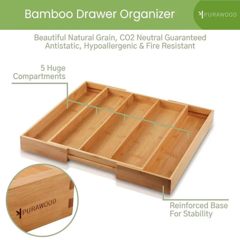 Expandable Bamboo Kitchen Drawer Organizer For Utensils And Flatware, 3 To 5 Slots, durable cutlery tray shown with compartments