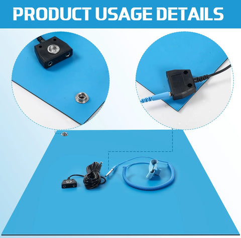 Product usage of anti static mat for electronics workbench with grounding cords and wrist straps, ideal for PC builds and repairs.