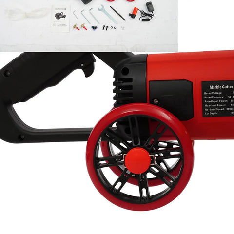 Close-up of the 14 Inch Electric Concrete Saw and Wall Grooving Machine with Slick Rolling Base and Water System for Zero Dust.