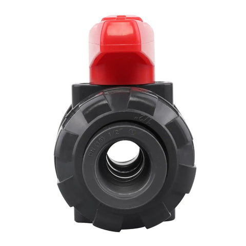 Solid Two Pack PVC True Union Ball Valve NPT Threaded With Full Port EPDM O Rings And Reversible PTFE Seats Rated At Two Hundred PSI One Half Inch NPT Threaded front view.