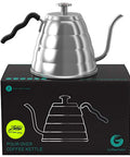 Gooseneck Kettle With Thermometer 34oz Stainless Steel Pour Over Coffee Maker on a box, featuring a precision drip spout.