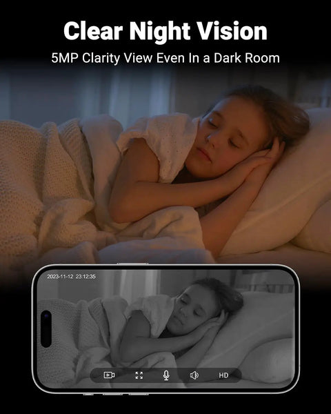 2K Indoor Security Camera With 2.4 And 5GHz WiFi Night Vision And 24 Seven Recording, showing night vision clarity of sleeping child