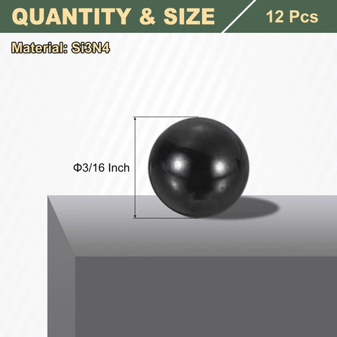 12 Pcs 5mm Silicon Nitride Ceramic Bearing Balls G10 Precision Grade on a gray surface, showcasing size and material.