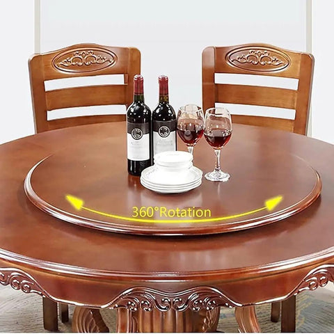 Premium Solid Wood 24 Inch Round Lazy Susan Rotating Serving Tray For Dining Table Kitchen Hosting Essentials Brown Finish on table.