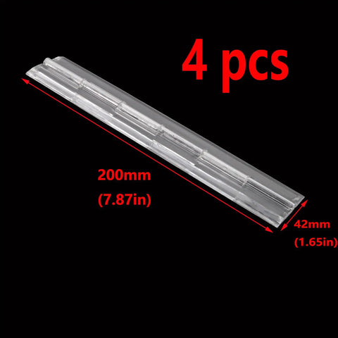 4 Pack Clear Acrylic Continuous Piano Hinges 7.87 X 1.65 Inch shown on black background with size labels and measurements.