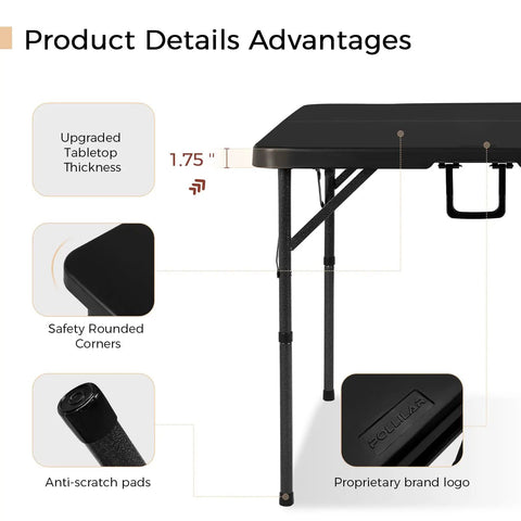34 Inch Folding Card Table Square with Detachable Legs, dual height adjustable, showing tabletop thickness, corners, and leg details.