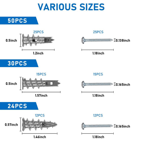 Zinc Self Drilling Drywall Anchors Kit With Screws 104 Pack In 3 Sizes Including dimensions displayed for each type.
