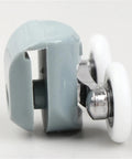 Close-up of Top Shelf Shower Door Rollers Double Gliding Heavy Duty Zinc Alloy Pulleys with white wheels for smooth operation.