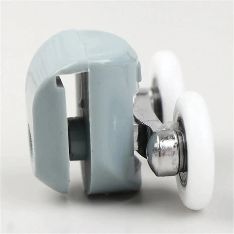Close-up of Top Shelf Shower Door Rollers Double Gliding Heavy Duty Zinc Alloy Pulleys with white wheels for smooth operation.