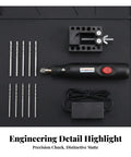 12V Electric Mini Drill Pen With Custom Speed Dial Ergonomic Compact Rotary Tool Lightweight Precision Carving Engraver Zero Grind Build with drill bits and power supply.