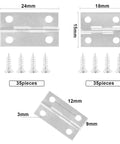 Rock Solid 70 Pcs Mini Hinge Set With 300 Tiny Screws Includes Both 24 X 16 Mm And 18 X 15 Mm Sizes showing sizes and screws