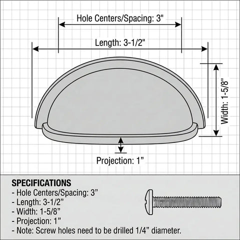 Diagram showing specifications of Gotta Get Your Hands On This Sleek Oil Rubbed Bronze Cup Pull For A Damn Cool Halfmoon Aesthetic And Rock Solid 3 Inch Center For Quick Kitchen Or Bathroom Refreshes.