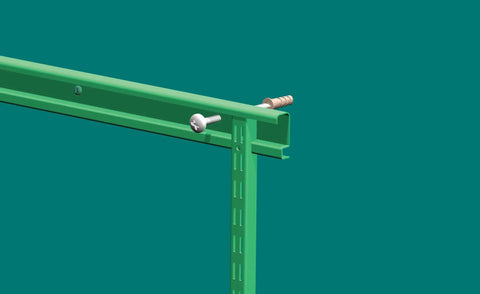 Heavy Duty Concrete And Masonry Mounting Hardware Kit With Phillips Head Screws and Wall Anchors For Garage Shelving and Storage Tracks showing green track with screws.