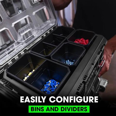 Stackable Storage System Compact Organizer Box With Quick Connect Interlock showing open bin configuration with contents