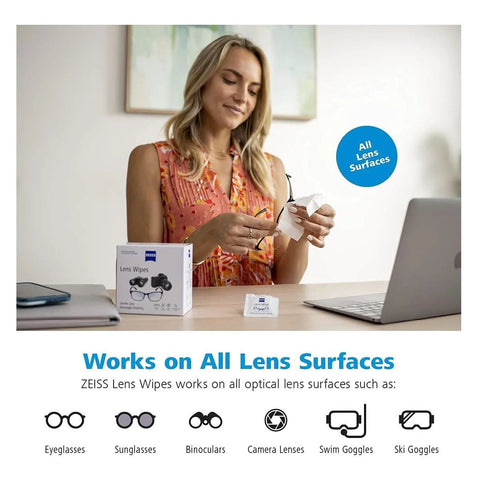 Zeiss Lens Wipes 120-pack; Amazon drugstore box with glasses icon and All Lens Surfaces badge.