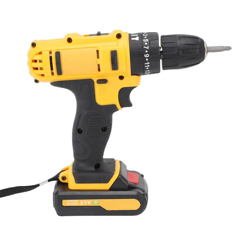 Rugged 21V Cordless Drill And 3 In 1 Impact Driver Kit Featuring Straight Shooting Accuracy Up To 1280 Rpm, side view showing grip and battery.