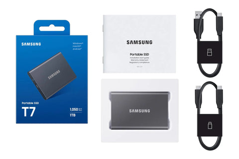 T7 Portable SSD 1TB External Solid State Drive With USB 3.2 Gen 2 For Lightning Fast Transfers, packaging, cables, and drive layout