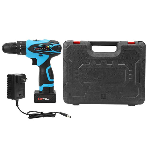 Rock Solid 25V Cordless Drill Driver with rechargeable battery, charger, and durable case for home repairs.