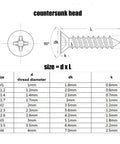 Flat Countersunk Head Self Tapping Handy All Purpose Wood Screw Set With Seven Sizes M1 M1.2 M1.4 M1.7 M2 M3 M4 Assortment Kit Set B technical drawing and size chart for DIY woodworking projects, furniture building, cabinetry, and deck repair.