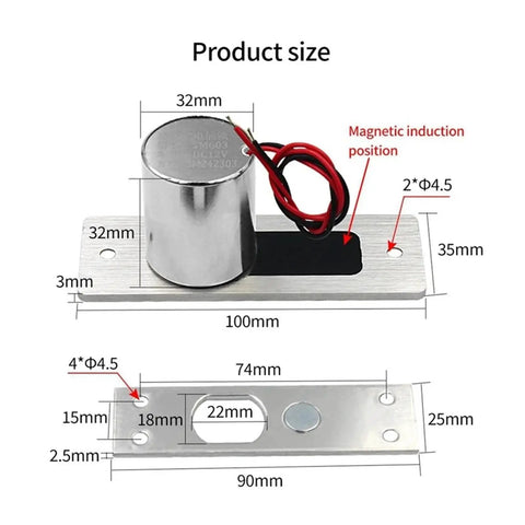 Tough As Nails Waterproof Electronic Drop Bolt Door Lock DC 12V Auto Deadbolt size dimensions and installation details on steel base.