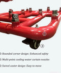 Heavy Duty Water Fire Suppression Rig For Modern Electric Rides Spits Steady Mist Directly Underneath The Pack To Chill Lithium Cells Dead Simple Setup showing red steel frame with water nozzles and swivel casters.