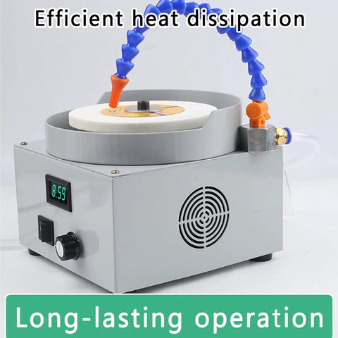 Workhorse Wet Bench Sander And Electric Knife Sharpener Featuring Adjustable Water Flow And Diamond Grinding Wheel for polishing jade and metal parts.