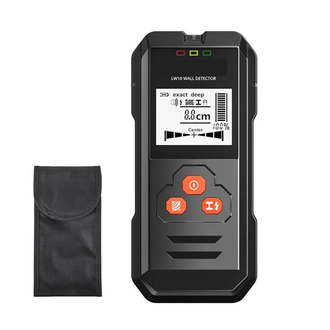 Rock Solid Black Metal Detector And Stud Finder With Hd Backlit Lcd Screen showing handheld device and black case for easy carrying.