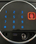 Motorized Time Lock Safe With Fingerprint Reader And Usb C Backup Power keypad with blue numbers and fingerprint scanner.