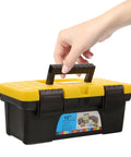 Top Shelf Plastic Tool Stash Heavy Duty Portable Carry Case For Hand Tools And Fasteners Splashproof Electrician Gear Hauler, hand holding yellow black box.