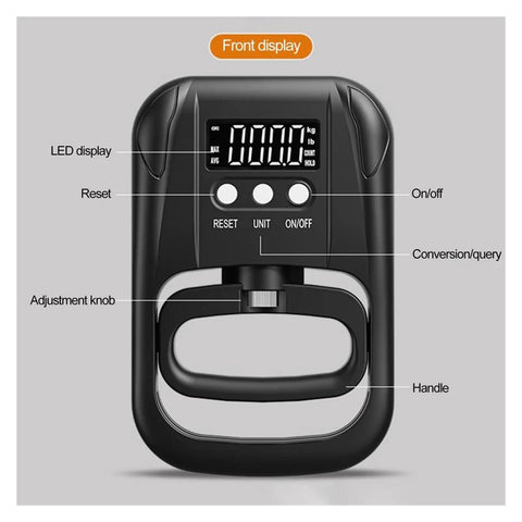 Top Tier Digital Grip Force Gauge Tester Pushes And Pulses Up To 265 Pounds USB Powered Hand Dynamometer front display with LED screen.