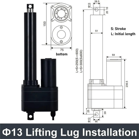 Heavy Duty Electric Linear Actuator DC 12 Volt Stainless Steel Motor Drive Push Rod Assembly with dimensions and installation details.