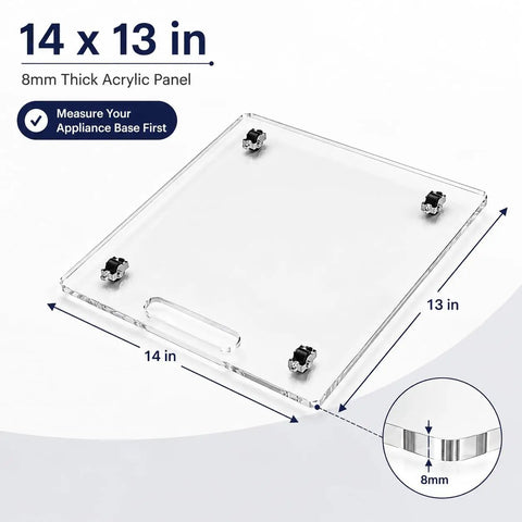 Clear Acrylic Appliance Slider Tray 13 X 14 Inch Slick Roll Out Coffee Maker Base showing dimensions and thickness.