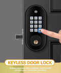 No-Fuss Electronic Keypad Deadbolt Lock With Seamless Keyless Entry Backup Wrench Key And Smart Auto Locking For Front Door setup, featuring keypad and traditional key access.