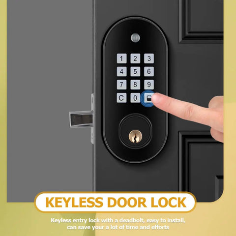 Hella Secure Slick Keyless Entry Door Lock With Electronic Keypad Deadbolt and Automatic Locking System on a door, with finger pressing keypad.