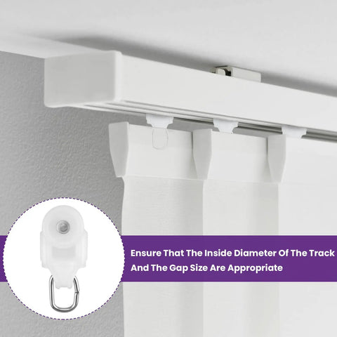 Zero Drama Dual Wheel Curtain Track Gliders 50 Piece Set Silent Rolling Hooks mounted on a white track with soft drapery.
