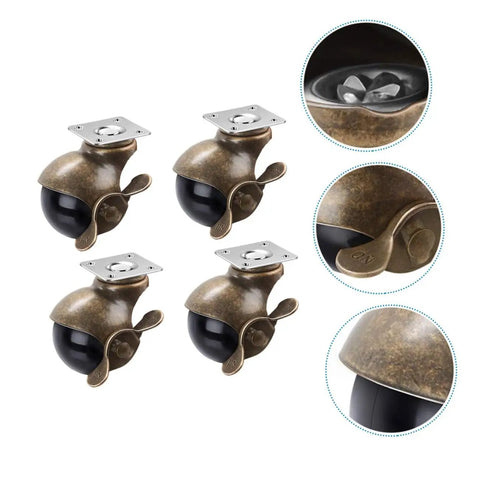 Heavy Duty Vintage Brass Retractable Caster Wheels 4 Pack with black ball and locking mechanism for furniture mobility.